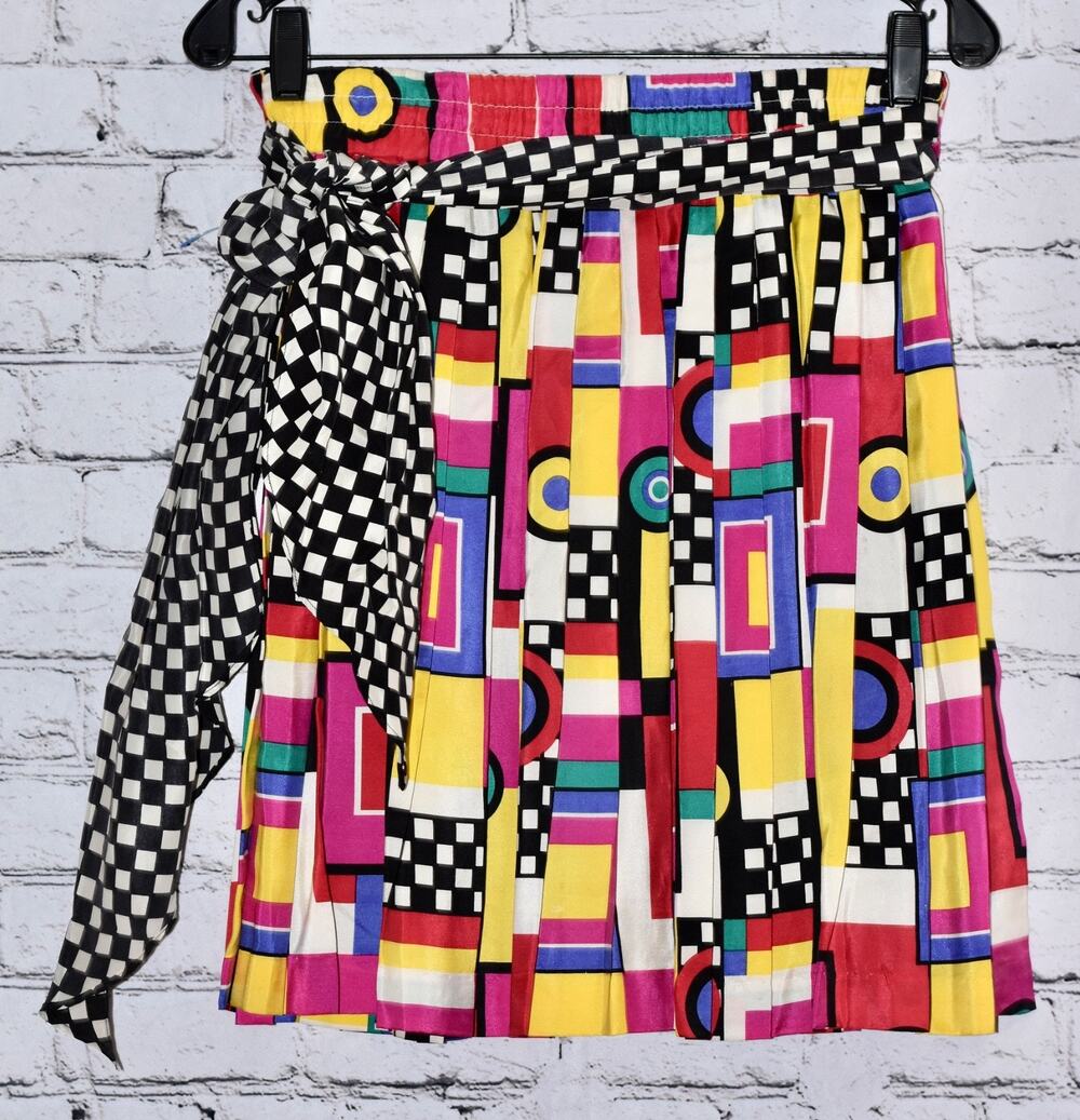 Y2K Guess Georges Marciano Silk Geometric Colorful Accordion Pleated Skirt Sz M